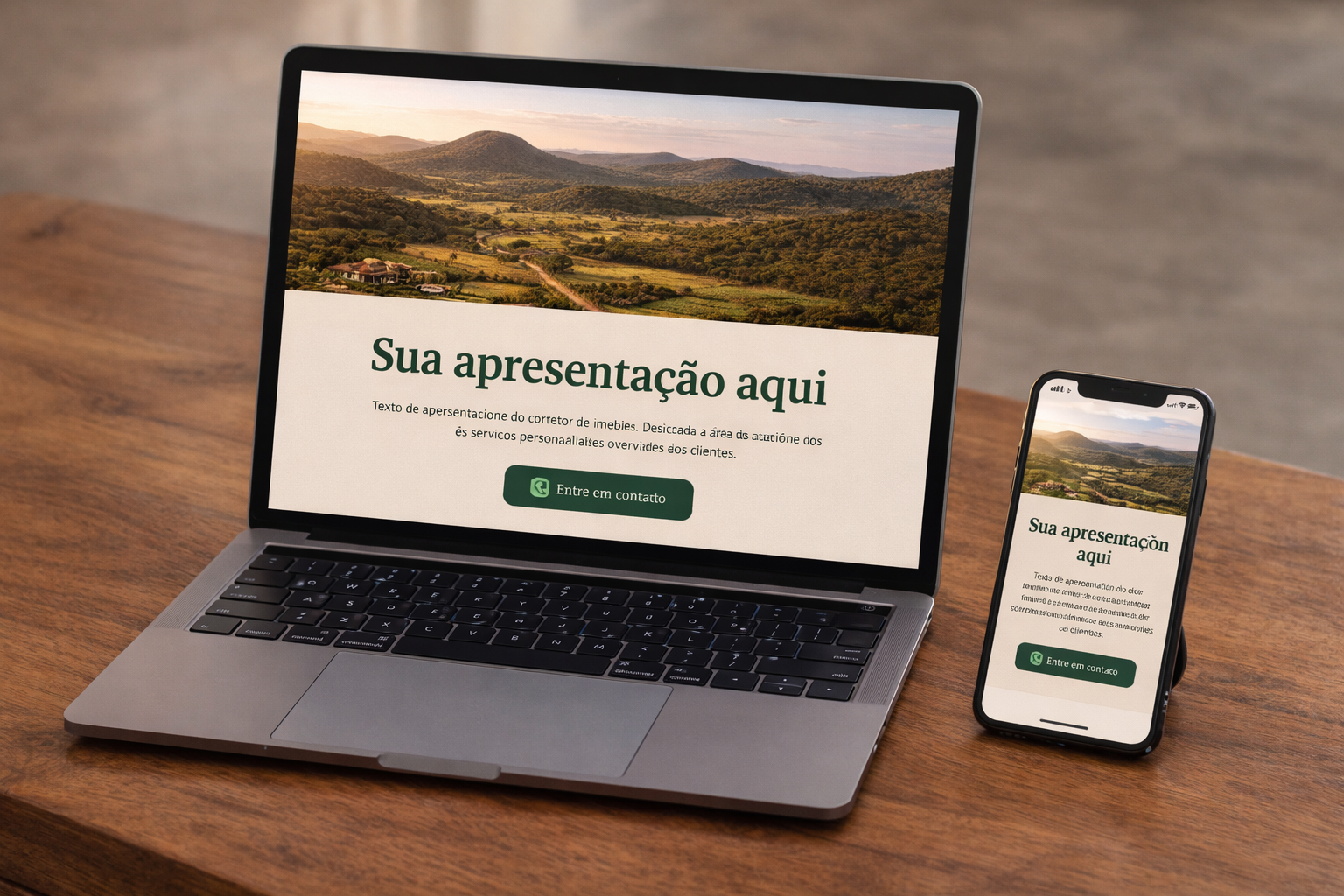 Página de apresentação de um corretor em computador e celular