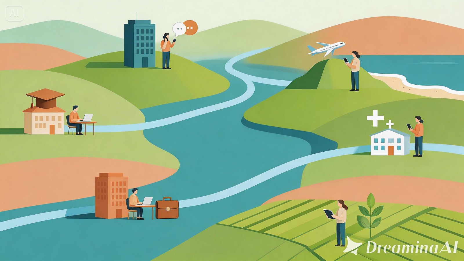 Ilustração do ecossistema digital conectando cidade, zona rural e serviços locais