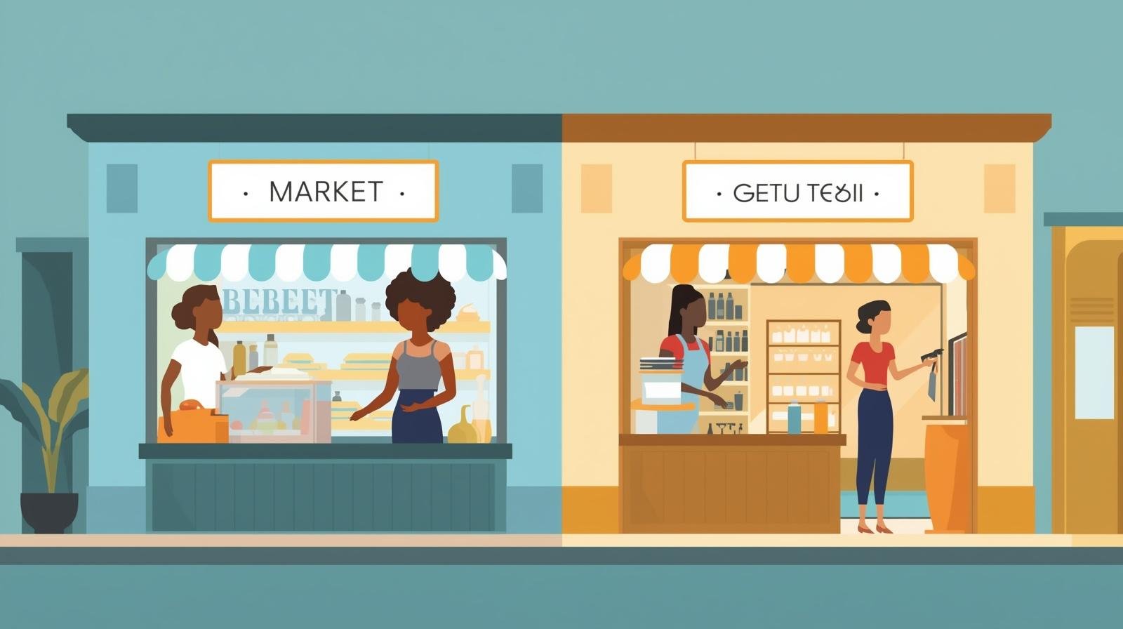 Ilustração de pequeno mercado e salão de beleza representando formação e serviços