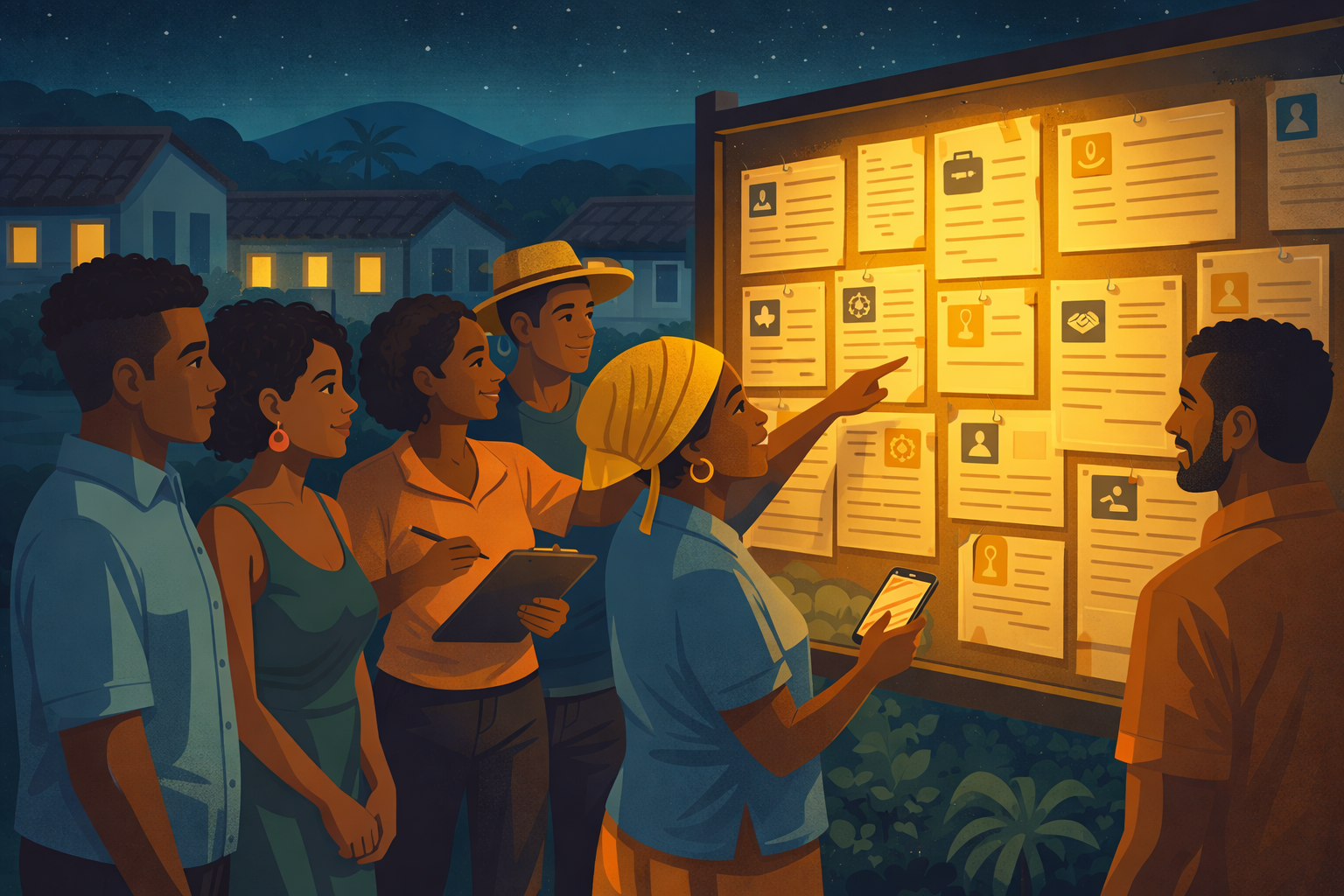 Pessoas olhando um quadro de vagas